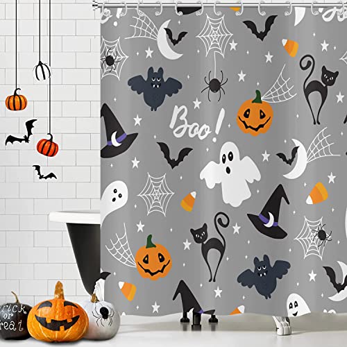 Hnmdmyi Duschvorhang Halloween 180x180, Lustiger Kürbis Schwarze Katze Hexenhut Spinne Geist Fledermaus Grau Badewanne Vorhang Kinder Urlaub Wasserdicht Polyester Stoff Waschbar Badevorhang mit Haken von Hnmdmyi