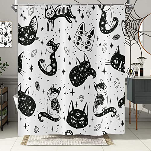 Hnmdmyi Duschvorhang Halloween 180x180, Schwarze und Weiße Katze Geisterschädel Mexikanischer Stil Lustig Spooky Cartoon Urlaub Badewanne Vorhang Wasserdicht Polyester Stoff Waschbar Badevorhang von Hnmdmyi