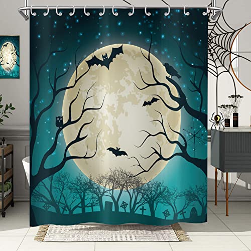 Hnmdmyi Duschvorhang Halloween 180x180, Schwarzer Toter Baum Fledermaus Vollmond Grüner Duschvorhänge Gruseliges Halloween Thema Party Urlaub Badewanne Vorhang Wasserdicht Stoff Waschbar Badevorhang von Hnmdmyi