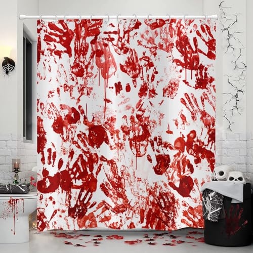 Hnmdmyi Duschvorhang Halloween 90x180, Horror Gruselige Blutige Handabdrücke Duschvorhänge Gespenstische Halloween Thema Badewanne Vorhang Wasserdicht Polyester Stoff Waschbar Badevorhang mit Haken von Hnmdmyi
