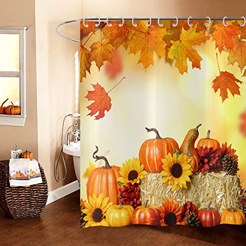 Hnmdmyi Duschvorhang Herbst 180x180, Orange Kürbis Ahornblatt Gelb Sonnenblume Ernte Pflanze Natur Szenerie Herbst Badewanne Vorhang Wasserdicht Polyester Stoff Waschbar Badevorhang mit Haken von Hnmdmyi