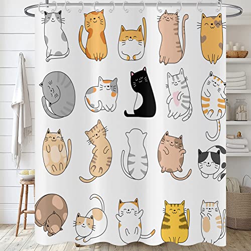 Hnmdmyi Duschvorhang Katze 90x180, Lustige Cartoon Tier Kätzchen Bunte Schöne Haustiere Kinder Jungen Mädchen Badewanne Vorhang Wasserdicht Polyester Stoff Waschbar Badevorhang mit Haken von Hnmdmyi