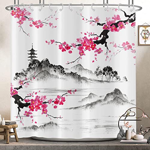Hnmdmyi Duschvorhang Kirschblüten 180x200, Asiatisch Japanisch Stil Rosa Blumen Duschvorhänge Aquarell Berg Kunst Badewanne Vorhang Wasserdicht Polyester Stoff Waschbar Badevorhang mit Haken von Hnmdmyi
