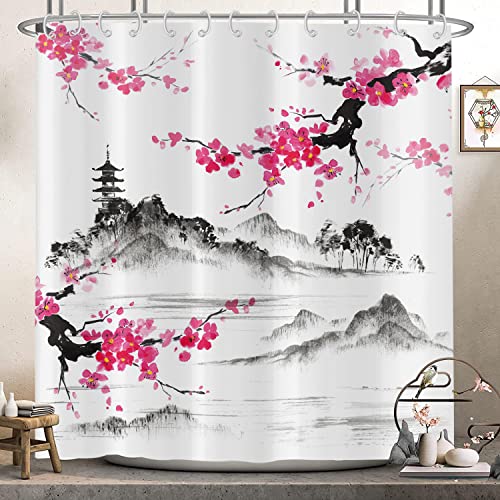 Hnmdmyi Duschvorhang Kirschblüten 180x240, Asiatisch Japanisch Stil Rosa Blumen Duschvorhänge Aquarell Berg Kunst Badewanne Vorhang Wasserdicht Polyester Stoff Waschbar Badevorhang mit Haken von Hnmdmyi