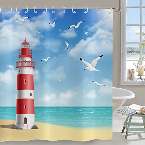 Hnmdmyi Duschvorhang Leuchtturm 180x180, Ozean Strand Möwe Blauer Himmel Weiße Wolken Landschaft Badewanne Vorhang Wasserdicht Polyester Stoff Waschbar Badevorhang für Badezimmer mit Haken Hnmdmyi Duschvorhang Leuchtturm 180x180, Ozean Strand Möwe Blauer Himmel Weiße Wolken Landschaft Badewanne Vorhang Wasserdicht Polyester Stoff Waschbar Badevorhang für Badezimmer mit Haken von Hnmdmyi