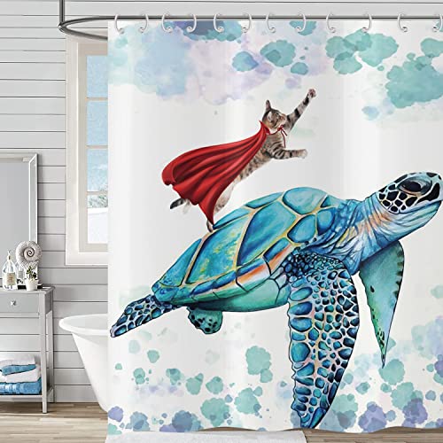 Hnmdmyi Duschvorhang Lustig 120x180, Katze Duschvorhänge Türkis Seeschildkröte Ozean Unterwasser Kinder Badewanne Vorhang Wasserdicht Polyester Stoff Waschbar Badevorhang für Badezimmer mit Haken von Hnmdmyi