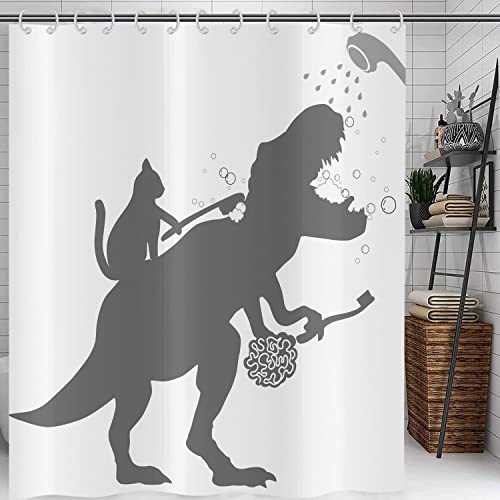 Hnmdmyi Duschvorhang Lustig 120x200, Katze Hilfe Dinosaurier Bad Duschvorhänge Kinder Jungen Silhouette Schatten Schwarz Weiß Badewanne Vorhang Wasserdicht Polyester Stoff Waschbar Badevorhang von Hnmdmyi