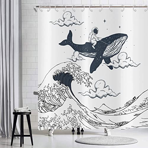 Hnmdmyi Duschvorhang Lustig 180x180, Astronauten Reiten Wale im Ozean Welle Badewanne Vorhang Orientalisch Vintage Kanagawa Japanische Wellen Kunst Kinder Wasserdicht Stoff Waschbar Badevorhang von Hnmdmyi