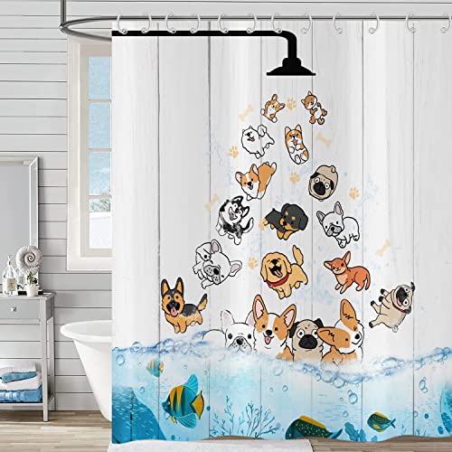 Hnmdmyi Duschvorhang Lustig 180x180, Bunter Haustier Hund und Ozean Fisch Kinder Duschvorhänge Rustikaler Holz Hintergrund Badewanne Vorhang Wasserdicht Polyester Stoff Waschbar Badevorhang mit Haken von Hnmdmyi
