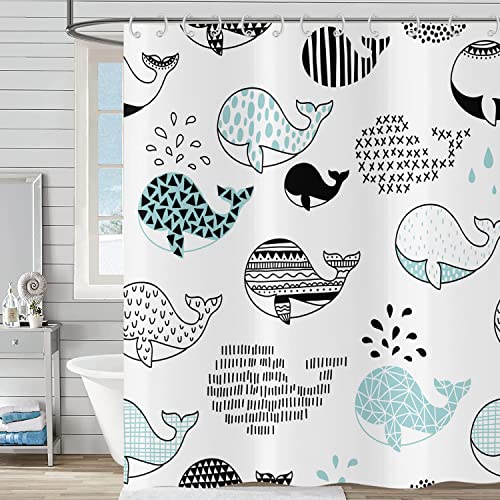 Hnmdmyi Duschvorhang Lustig 180x180, Cartoon Wal Duschvorhänge Niedlich Ozean Tier Abstrakt Schwarz Blau Fisch Kinder Badewanne Vorhang Wasserdicht Polyester Stoff Waschbar Badevorhang mit Haken von Hnmdmyi