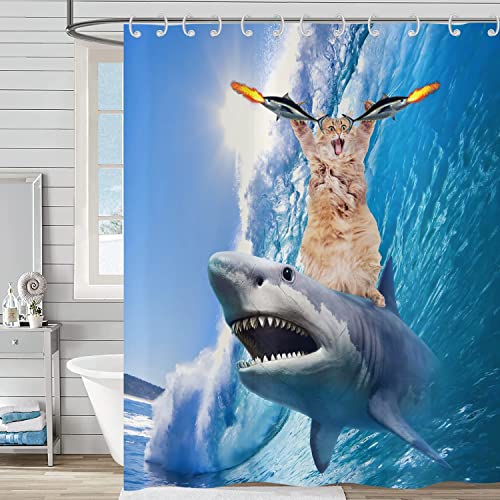 Hnmdmyi Duschvorhang Lustig 180x240, Coole Katze Reitet Hai Duschvorhänge Ozean Meer Wellen Fisch Blau Niedliche Kinder Jungen Badewanne Vorhang Wasserdicht Polyester Stoff Waschbar Badevorhang von Hnmdmyi