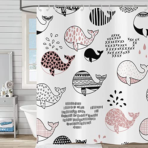 Hnmdmyi Duschvorhang Lustig 240x180, Cartoon Wal Duschvorhänge Niedliche Ozean Tier Abstrakt Schwarz Rosa Fisch Kinder Badewanne Vorhang Wasserdicht Polyester Stoff Waschbar Badevorhang mit Haken von Hnmdmyi
