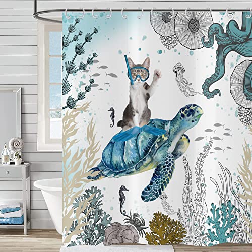 Hnmdmyi Duschvorhang Lustig 90x180, Niedliche Katze Reitet Meeresschildkröte Badewanne Vorhang Ozean Unterwasserlandschaft Korallenriff Meerestier Kinder Wasserdicht Stoff Waschbar Badevorhang Hnmdmyi Duschvorhang Lustig 90x180, Niedliche Katze Reitet Meeresschildkröte Badewanne Vorhang Ozean Unterwasserlandschaft Korallenriff Meerestier Kinder Wasserdicht Stoff Waschbar Badevorhang von Hnmdmyi