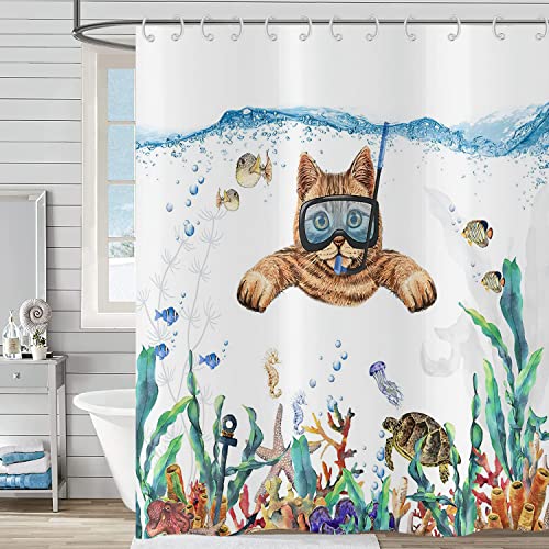 Hnmdmyi Duschvorhang Lustig Katze 120x200, Cute Kätzchen Schwimmen in Teal Blauen Ozean Badewanne Vorhang Meeresschildkröte Tropische Fische Quallen Seestern Korallen Nautischen Kinder Badevorhang von Hnmdmyi