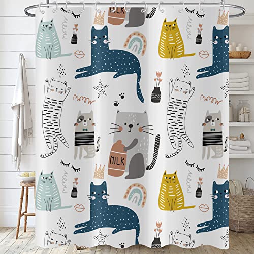 Hnmdmyi Duschvorhang Lustig Katze 120x200, Kinder Niedlich Cartoon Tier Graffiti Bunte Kätzchen Badewanne Vorhang Jungen Mädchen Wasserdicht Polyester Stoff Waschbar Badevorhang mit Haken von Hnmdmyi