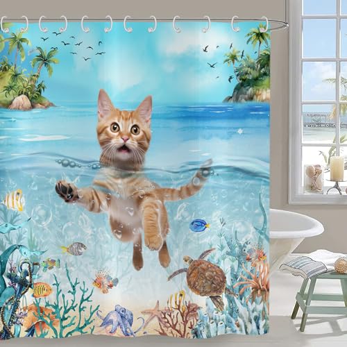 Hnmdmyi Duschvorhang Lustig Katze 150x180, Niedliches Kätzchen Schwimmt in Blauem Ozean Meeresschildkröte Tropischer Fisch Seestern Koralle Kinder Wasserdicht Polyester Stoff Badewanne Vorhang von Hnmdmyi