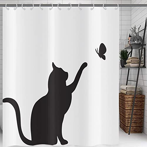 Hnmdmyi Duschvorhang Lustig Katze 150x180, Schwarzes Kätzchen Fangen Schmetterling Silhouette Badewanne Vorhang Kinder Niedlich Cartoon Tier Schwarz und Weiß Minimalismus Kunst Badevorhang mit Haken Hnmdmyi Duschvorhang Lustig Katze 150x180, Schwarzes Kätzchen Fangen Schmetterling Silhouette Badewanne Vorhang Kinder Niedlich Cartoon Tier Schwarz und Weiß Minimalismus Kunst Badevorhang mit Haken von Hnmdmyi