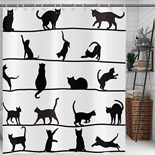 Hnmdmyi Duschvorhang Lustig Katze 200x180, Schwarzes Kätzchen Silhouette Badewanne Vorhang Kinder Niedlich Cartoon Tier Schwarz und Weiß Minimalismus Kunst Wasserdicht Stoff Waschbar Badevorhang von Hnmdmyi