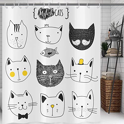 Hnmdmyi Duschvorhang Lustig Katze 240x180, Schwarz und Weiß Badewanne Vorhang Abstrakt Schnurrbart Fliege Hut Krone Flauschige Kätzchen und Fisch Humor Gesichter Grafik Wasserdicht Stoff Badevorhang Hnmdmyi Duschvorhang Lustig Katze 240x180, Schwarz und Weiß Badewanne Vorhang Abstrakt Schnurrbart Fliege Hut Krone Flauschige Kätzchen und Fisch Humor Gesichter Grafik Wasserdicht Stoff Badevorhang von Hnmdmyi