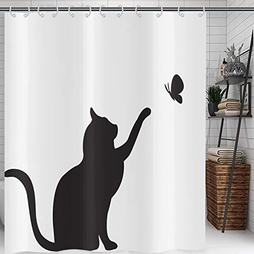 Hnmdmyi Duschvorhang Lustig Katze 240x180, Schwarzes Kätzchen Fangen Schmetterling Silhouette Badewanne Vorhang Kinder Niedlich Cartoon Tier Schwarz und Weiß Minimalismus Kunst Badevorhang mit Haken von Hnmdmyi