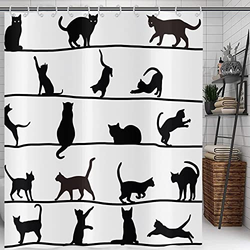 Hnmdmyi Duschvorhang Lustig Katze 90x180, Schwarzes Kätzchen Silhouette Badewanne Vorhang Kinder Niedlich Cartoon Tier Schwarz und Weiß Minimalismus Kunst Wasserdicht Stoff Waschbar Badevorhang von Hnmdmyi