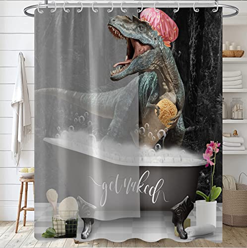 Hnmdmyi Duschvorhang Lustige Dinosaurier 180x200, Nackte Duschvorhänge Niedlicher Badender Dino Raptor Kinder Kreative Moderne Badewanne Vorhang Wasserdicht Polyester Stoff Waschbar Badevorhang von Hnmdmyi