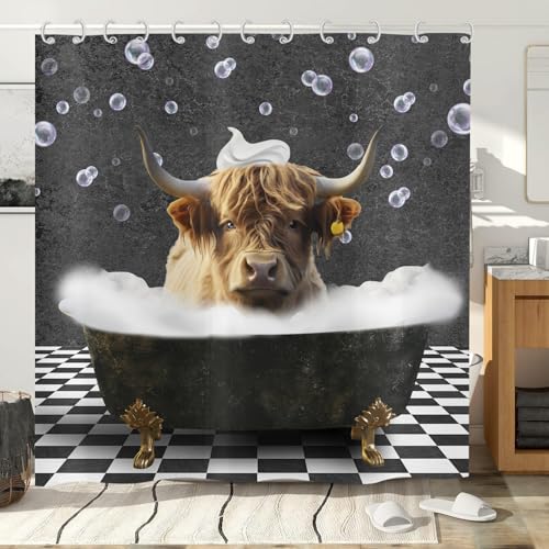 Hnmdmyi Duschvorhang Lustige Hochland Kuh 180x200, Bauernhaus Western Tier Bull Rind Baden in Sprudelbadewanne Badewanne Vorhang Wasserdicht Polyester Stoff Waschbar Badevorhang mit Haken von Hnmdmyi