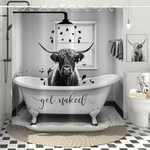 Hnmdmyi Duschvorhang Lustige Hochland Kuh 180x200, Get Naked Grau Tier Bull Rind in Badewanne Western Bauernhaus Badewanne Vorhang Wasserdicht Polyester Stoff Waschbar Badevorhang mit Haken von Hnmdmyi