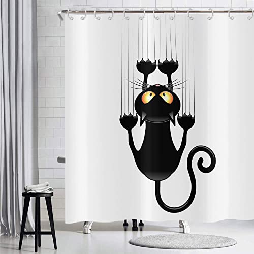 Hnmdmyi Duschvorhang Lustige Katze 180x180, Schwarzes Kätzchen Kratzt an der Wand Badewanne Vorhang Kinder Niedliche Cartoon Tier Schwarz und Weiß Minimalismus Kunst Wasserdicht Stoff Badevorhang von Hnmdmyi