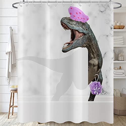 Hnmdmyi Duschvorhang Lustiger Dinosaurier 165x180, Grau und Weiß Marmor Duschvorhänge Niedlicher Badender Dino Raptor Kinder Kreative Moderne Badewanne Vorhang Wasserdicht Stoff Waschbar Badevorhang von Hnmdmyi