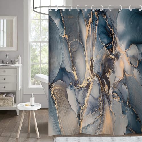 Hnmdmyi Duschvorhang Marmor 150x180, Abstrakt Marineblau Grau Gold Glitzer Badewanne Vorhang Modern Luxus Ombre Kristall Textur Tinte Kunst Wasserdicht Polyester Stoff Waschbar Badevorhang mit Haken von Hnmdmyi