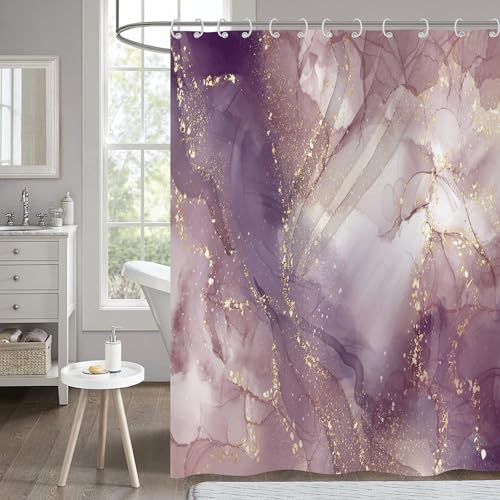 Hnmdmyi Duschvorhang Marmor 180x200, Abstrakt Rosa Lila Gold Glitzer Badewanne Vorhang Modern Luxus Ombre Kristall Textur Tinte Kunst Wasserdicht Polyester Stoff Waschbar Badevorhang mit Haken von Hnmdmyi