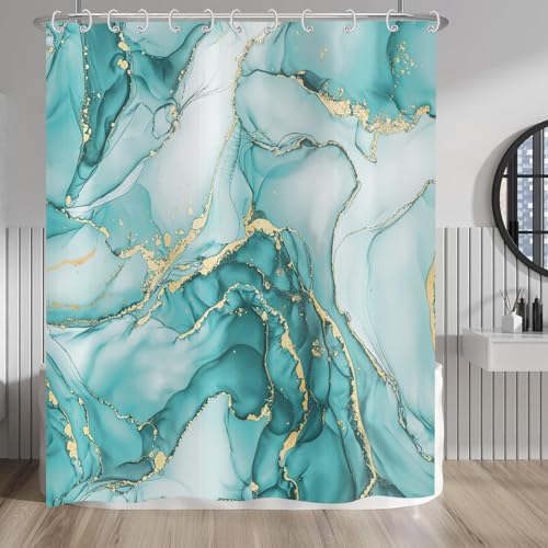 Hnmdmyi Duschvorhang Marmor 180x200, Türkis Gold Abstrakt Marmor Badewanne Vorhang Luxus Moderne Ästhetische Kunst Tinte Textur Wasserdicht Polyester Stoff Waschbar Badevorhang mit Haken von Hnmdmyi