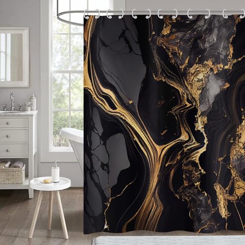 Hnmdmyi Duschvorhang Marmor 90x180, Schwarz und Gold Glitzer Duschvorhänge Abstrakt Riss Tinte Textur Modern Luxus Kunst Badewanne Vorhang Wasserdicht Polyester Stoff Waschbar Badevorhang mit Haken von Hnmdmyi