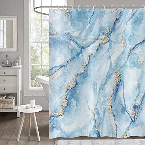 Hnmdmyi Duschvorhang Marmor Blau 120x200, Weißes Aquarell Goldene Rissige Linien Textur Badewanne Vorhang Abstrakt Modern Luxus Kunst Wasserdicht Polyester Stoff Waschbar Badevorhang mit Haken von Hnmdmyi