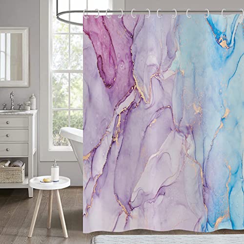 Hnmdmyi Duschvorhang Marmor Lila 180x180, Blau Gold Glitzer Duschvorhänge Abstrakt Modern Luxus Aquarell Tinte Kunst Badewanne Vorhang Wasserdicht Polyester Stoff Waschbar Badevorhang mit Haken von Hnmdmyi
