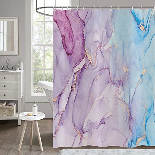 Hnmdmyi Duschvorhang Marmor Lila 180x200, Blau Gold Glitzer Duschvorhänge Abstrakt Modern Luxus Aquarell Tinte Kunst Badewanne Vorhang Wasserdicht Polyester Stoff Waschbar Badevorhang mit Haken von Hnmdmyi