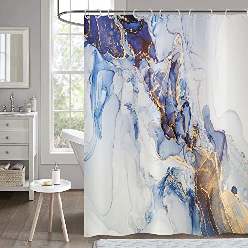 Hnmdmyi Duschvorhang Marmor Optik 180x200, Blau und Gold Glitzer Duschvorhänge Abstrakt Modern Luxus Kunst Dekorative Badewanne Vorhang Wasserdicht Polyester Stoff Waschbar Badevorhang mit Haken von Hnmdmyi