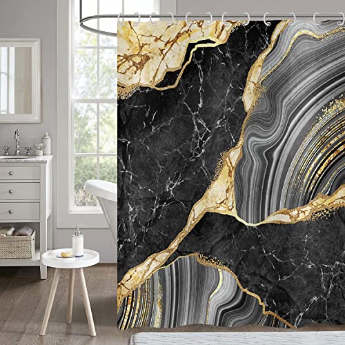 Hnmdmyi Duschvorhang Marmor Optik 180x240, Schwarz und Gold Glitzer Duschvorhänge Abstrakt Riss Tinte Textur Moderne Luxus Kunst Badewanne Vorhang Wasserdicht Polyester Stoff Waschbar Badevorhang von Hnmdmyi