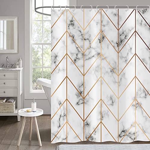 Hnmdmyi Duschvorhang Marmor Optik 200x180, Grau und Weiß Duschvorhänge Gold Geometrische Linie Abstrakt Modern Luxus Kunst Badewanne Vorhang Wasserdicht Polyester Stoff Waschbar Badevorhang mit Haken von Hnmdmyi