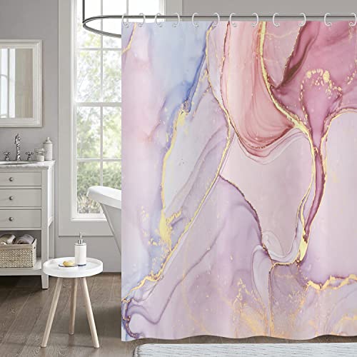Hnmdmyi Duschvorhang Marmor Optik Rosa 180x200, Abstrakt Rose Gold Lila Glitzer Badewanne Vorhang Modern Luxus Ombre Kristall Textur Tinte Kunst Wasserdicht Polyester Stoff Waschbar Badevorhang von Hnmdmyi