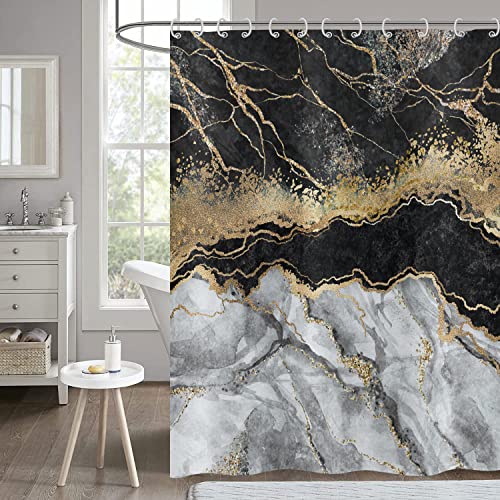 Hnmdmyi Duschvorhang Marmor Optik Schwarz 180x200, Grau Gold Glitzer Duschvorhänge Abstrakt Riss Tinte Textur Modern Luxus Kunst Badewanne Vorhang Wasserdicht Polyester Stoff Waschbar Badevorhang von Hnmdmyi