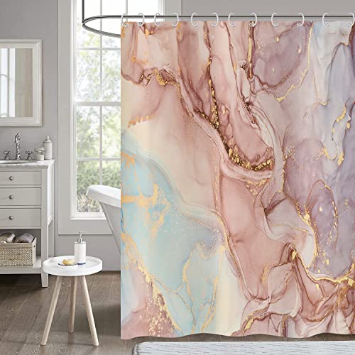 Hnmdmyi Duschvorhang Marmor Rosa 180x180, Lila Gold Glitzer Duschvorhänge Abstrakt Modern Luxus Aquarell Tinte Kunst Badewanne Vorhang Wasserdicht Polyester Stoff Waschbar Badevorhang mit Haken von Hnmdmyi