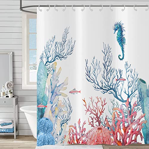 Hnmdmyi Duschvorhang Nautischer Küsten 180x200, Seepferdchen Ozean Thematische Duschvorhänge Koralle Tropischer Fisch Strand Badewanne Vorhang Wasserdicht Polyester Stoff Waschbar Badevorhang von Hnmdmyi