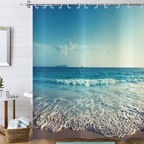 Hnmdmyi Duschvorhang Ozean Strand 180x200, Meer Wellen Blauer Himmel Natur Szenerie Badewanne Vorhang Wasserdicht Polyester Stoff Waschbar Badevorhang für Badezimmer mit Haken von Hnmdmyi