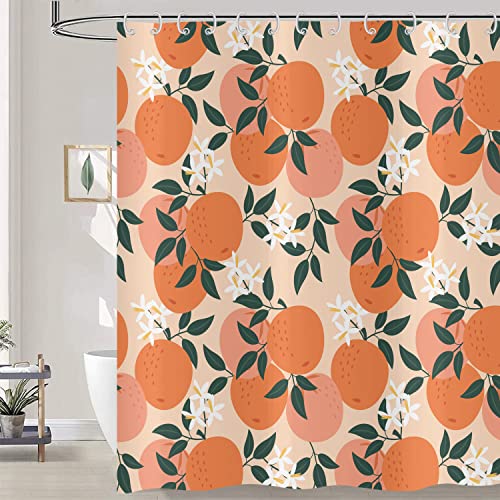 Hnmdmyi Duschvorhang Pfirsich 120x180, Niedlich Orange Rosa Früchte Grün Blätter Blumen Badewanne Vorhang Aquarell Kunst Malerei Ästhetisch Wasserdicht Polyester Stoff Waschbar Badevorhang mit Haken von Hnmdmyi