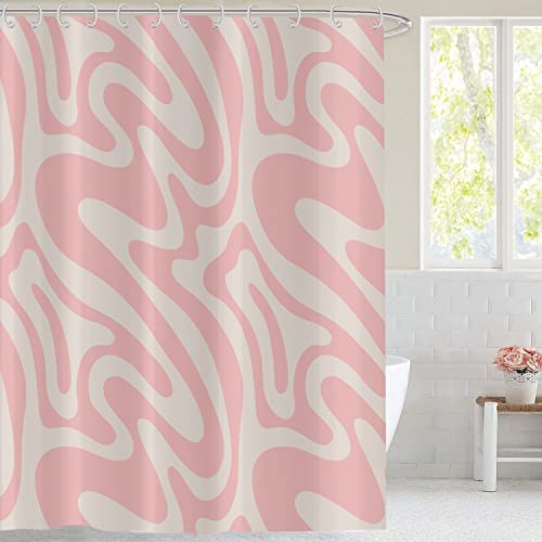 Hnmdmyi Duschvorhang Rosa 180x180, Abstrakt Retro 70er Jahre Duschvorhänge Modern Ästhetisch Wellig Wirbel Minimalistisch Mädchen Badewanne Vorhang Wasserdicht Polyester Stoff Waschbar Badevorhang von Hnmdmyi