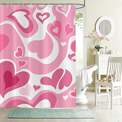 Hnmdmyi Duschvorhang Rosa 180x200, Abstrakte Liebe Herz Mädchen Duschvorhänge Ästhetische Kawaii Vintage Badewanne Vorhang Wasserdicht Polyester Stoff Waschbar Badevorhang für Badezimmer mit Haken von Hnmdmyi