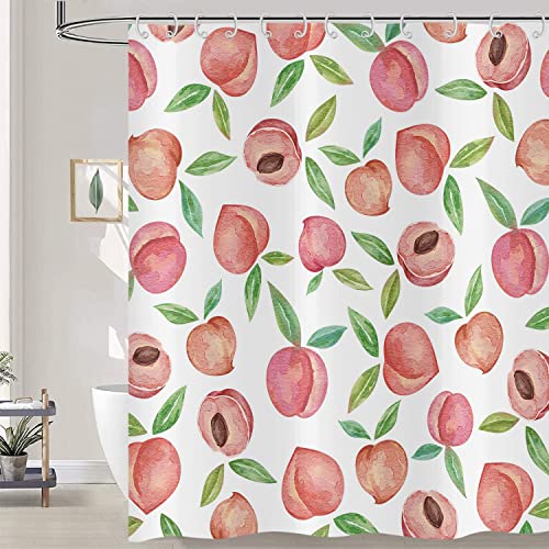 Hnmdmyi Duschvorhang Rosa Pfirsich 120x180, Allover Früchte Grünes Blätter Duschvorhänge Aquarell Hell Bunt Ästhetisch Badewanne Vorhang Wasserdicht Polyester Stoff Waschbar Badevorhang mit Haken von Hnmdmyi