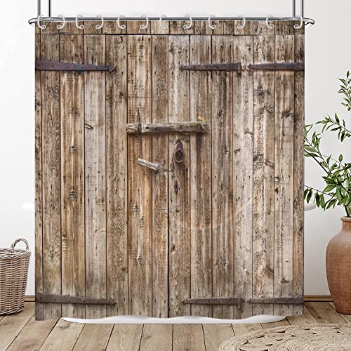 Hnmdmyi Duschvorhang Rustikal 180x200, Bauernhaus Holz Garage Scheunentür Duschvorhänge Braun Land Vintage Kunstwerk Badewanne Vorhang Wasserdicht Polyester Stoff Waschbar Badevorhang mit Haken von Hnmdmyi